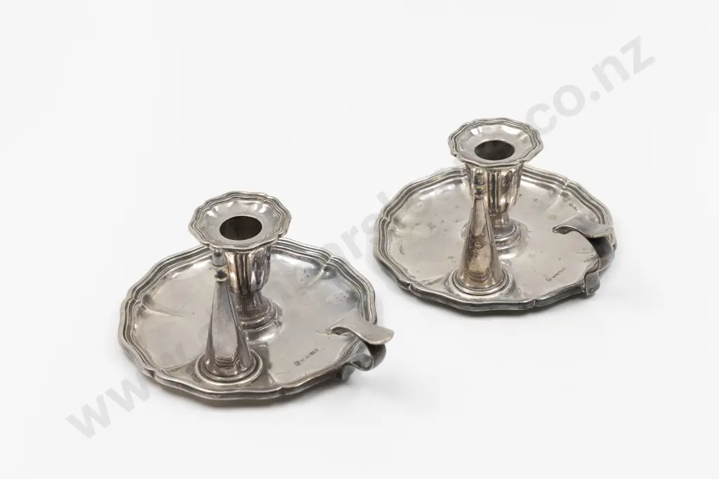 Pair Early Victorian Silver Plate Chamber Sticks Image 1++