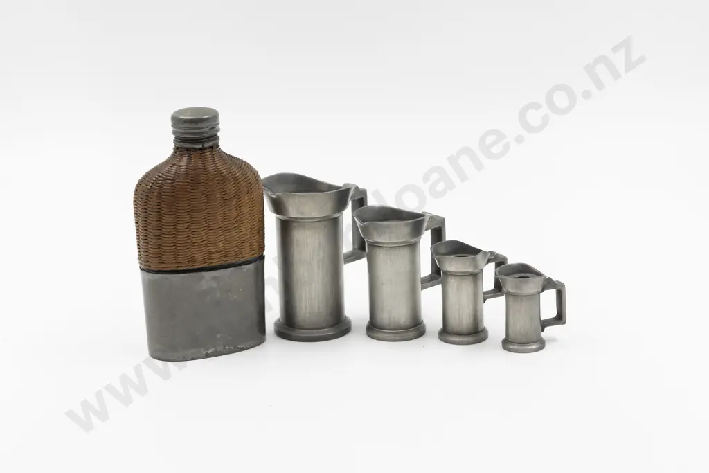 Early C20th Four European Pewter Measures & Hip Flask Image 1++