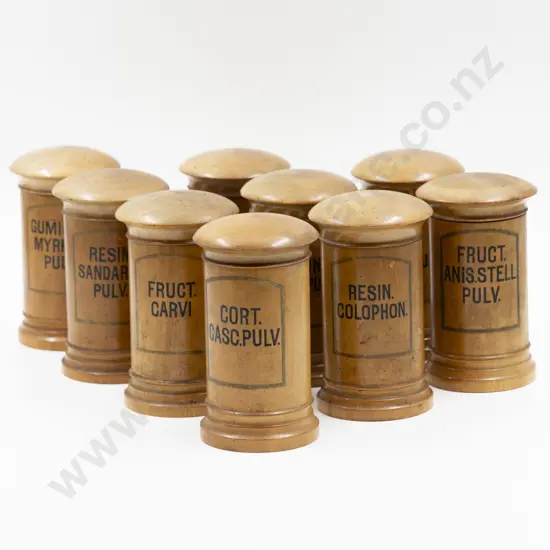 Nine Early Victorian Chemist's Treen Storage Jars