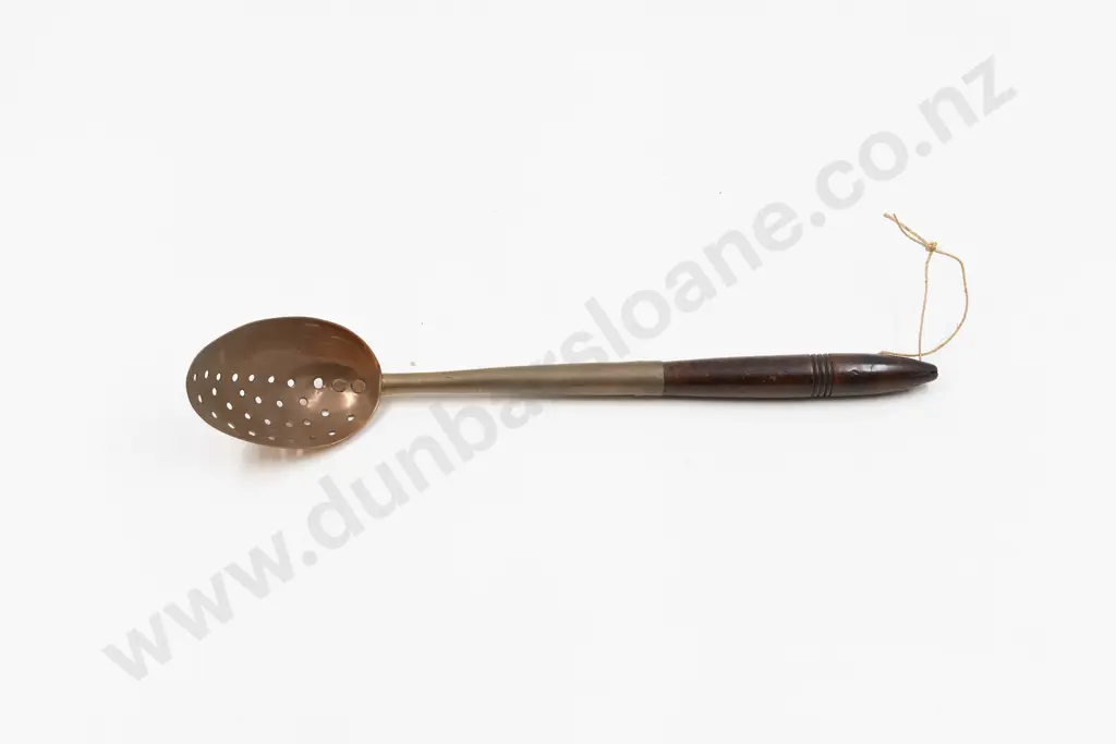 Victorian Copper Pierced Straining Spoon with Turned Wooden Handle Image 1++