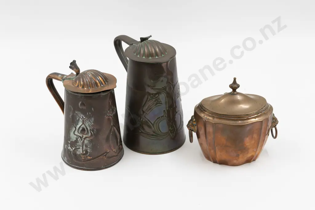 Early Victorian Sheffield Plate (Copper) Tea Caddy & Two Art Nouveau Jugs Image 1++