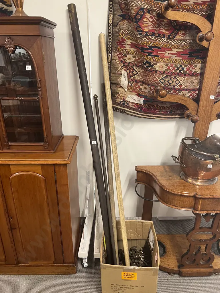 Late C19th Wooden & Tin Curtain Rods with Good Quantity Metal Rings Image 1++
