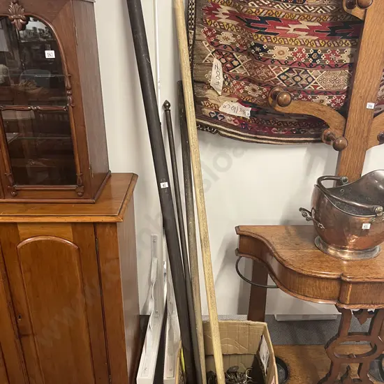 Late C19th Wooden & Tin Curtain Rods with Good Quantity Metal Rings