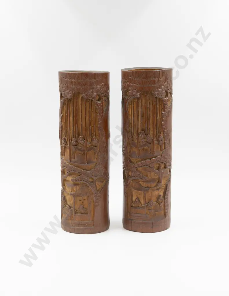 Pair of Chinese Carved Bamboo Brush Pots Image 1++