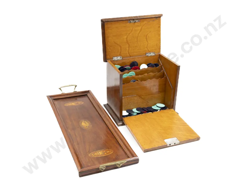 Edwardian Oak Stationery Box & Sheraton Revival Small Tray Image 1++