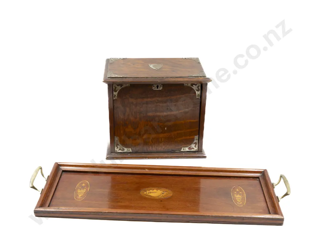 Edwardian Oak Stationery Box & Sheraton Revival Small Tray Image 1++