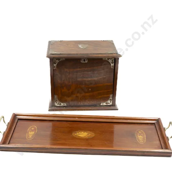 Edwardian Oak Stationery Box & Sheraton Revival Small Tray
