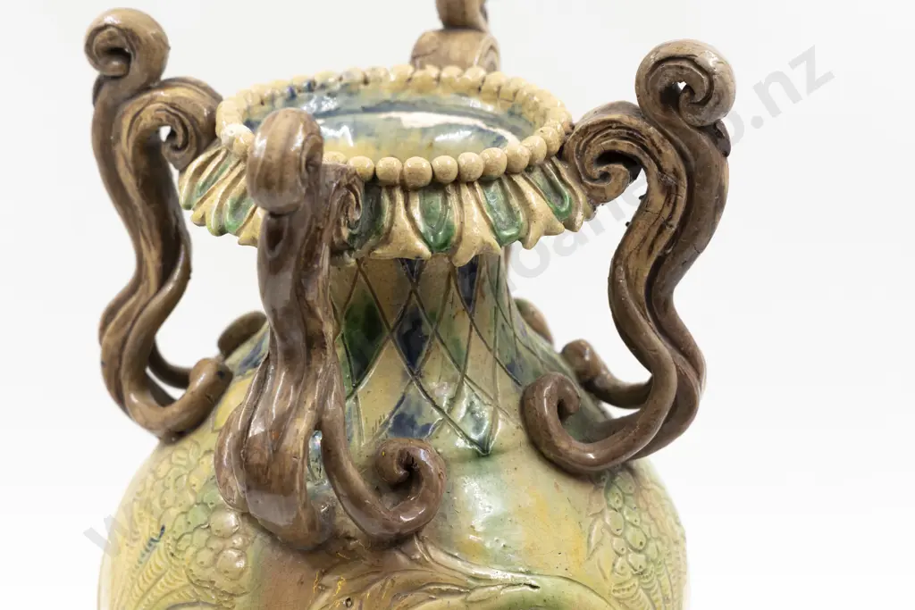 Late C19th Castle Hedingham Faience Pottery Ornate Mantle Urn Image 1++