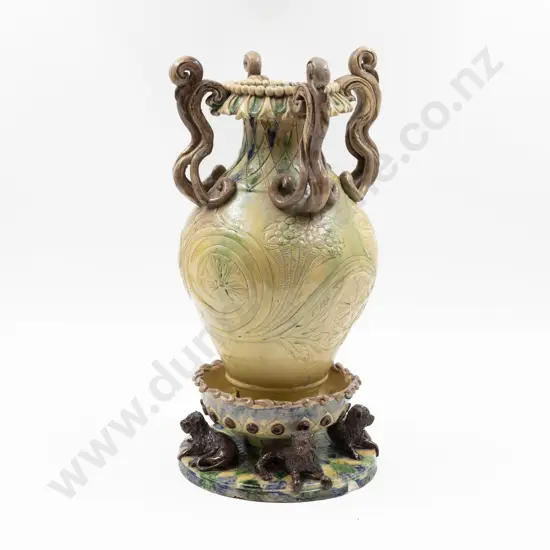 Late C19th Castle Hedingham Faience Pottery Ornate Mantle Urn