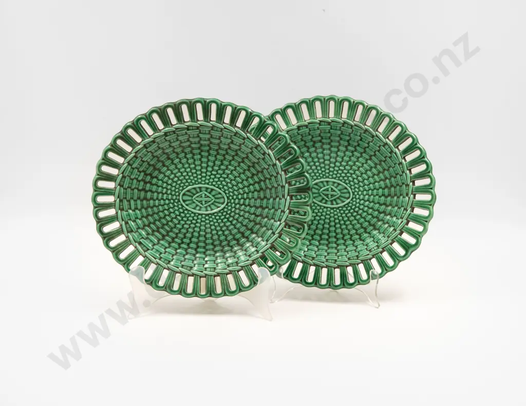Two Wedgwood Green Glazed Basket Weave Serving Plates Image 1++