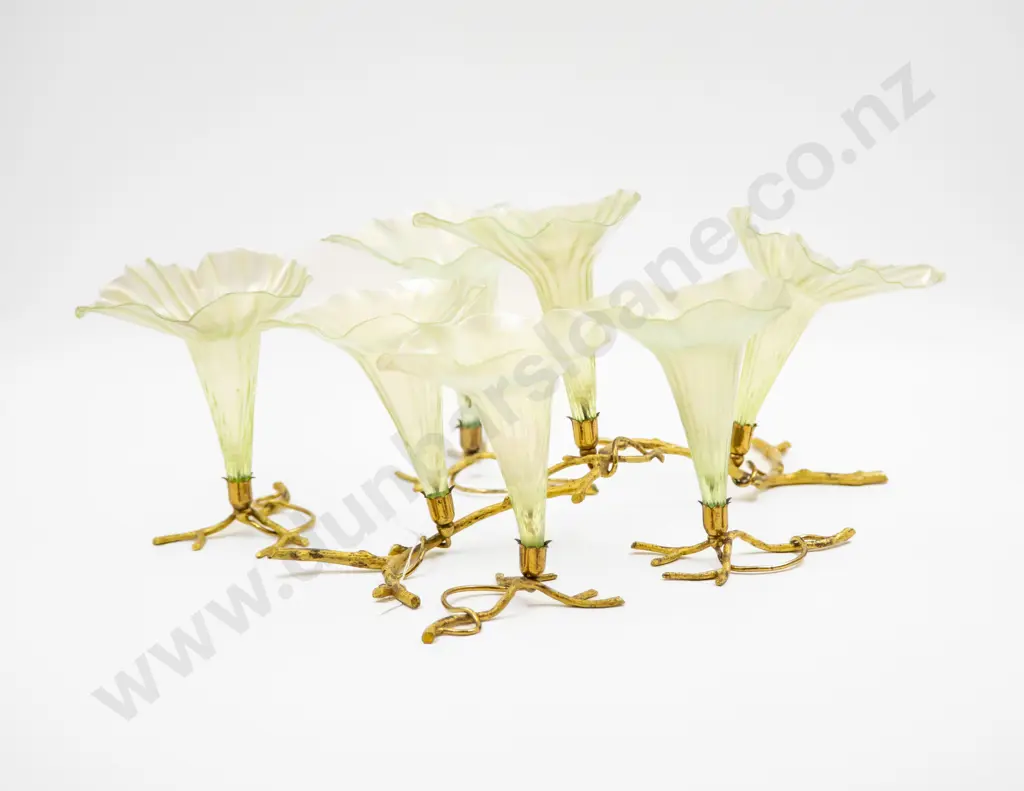 Early C20th Table Decoration Epergne of Tulip Iridescent Glass Funnels on Branch Gilt Metal Stands Image 1++