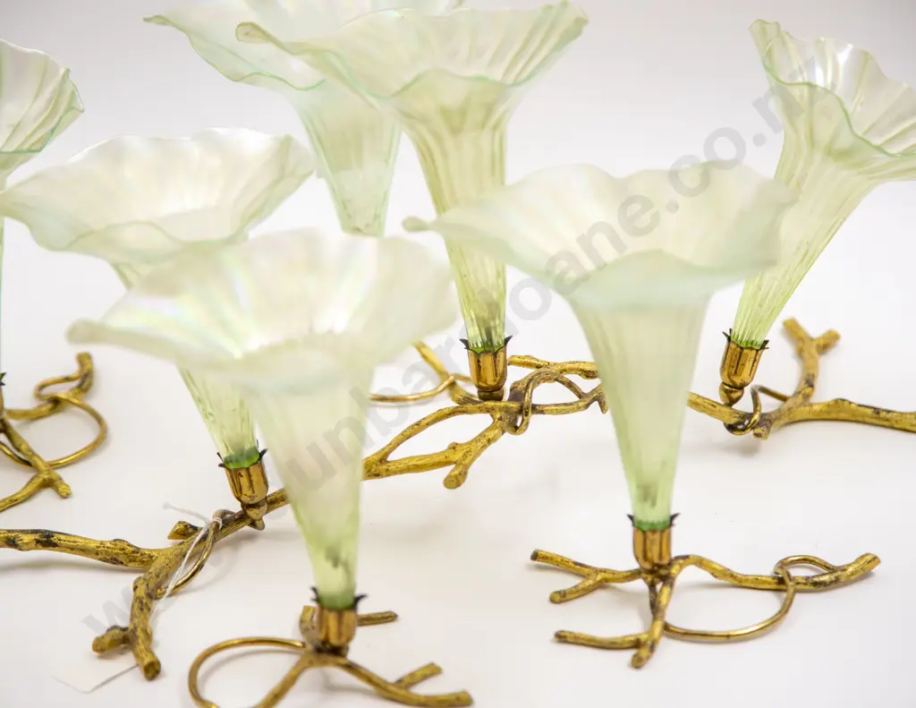Early C20th Table Decoration Epergne of Tulip Iridescent Glass Funnels on Branch Gilt Metal Stands Image 1++