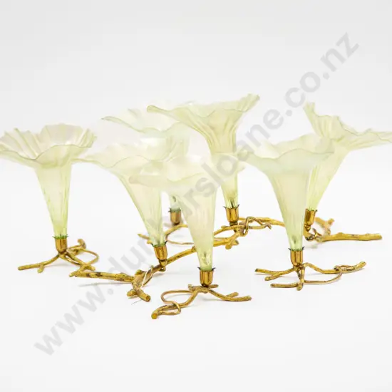 Early C20th Table Decoration Epergne of Tulip Iridescent Glass Funnels on Branch Gilt Metal Stands