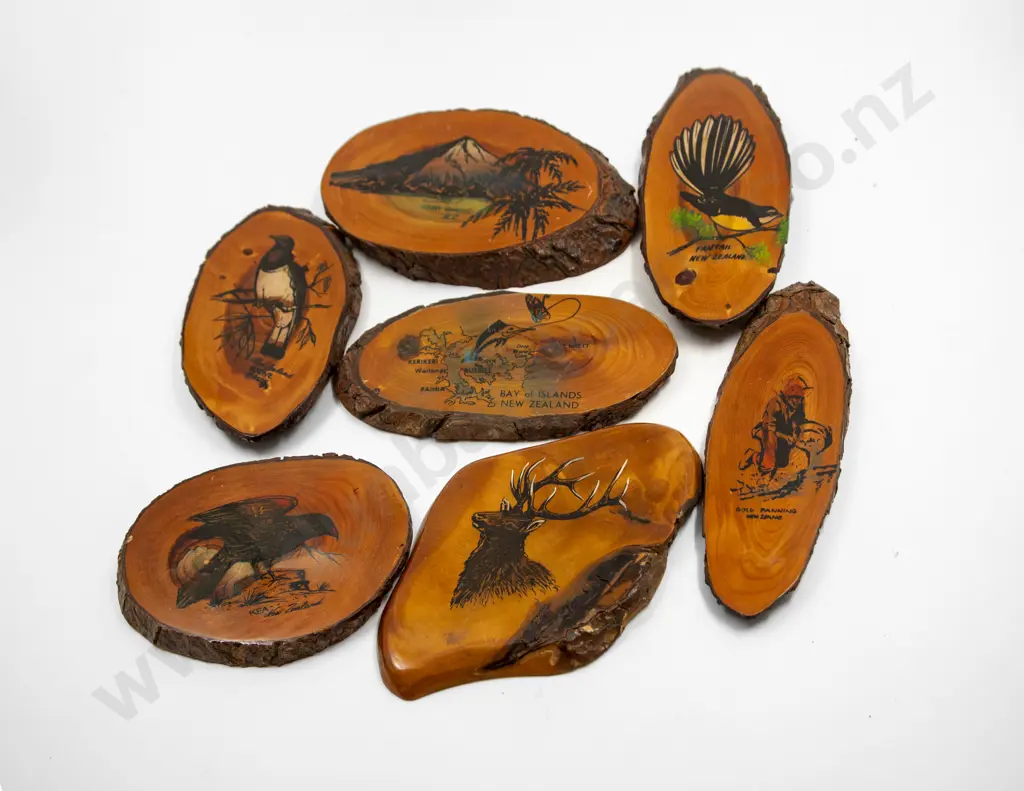 Seven Mid C20th Tourist Ware Native Timber Decorated Plaques Image 1++
