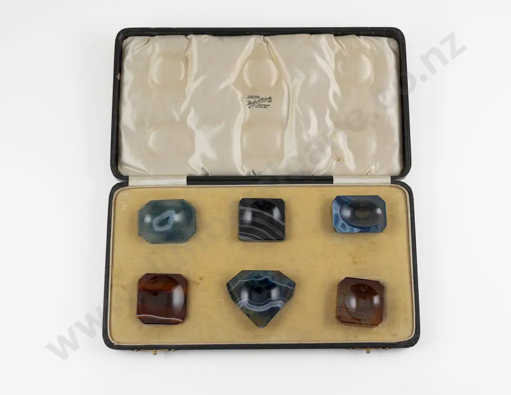 Vintage Boxed Set Of 6 Australian Agate Salts By Fairfax & Roberts Ltd Sydney Image 1++