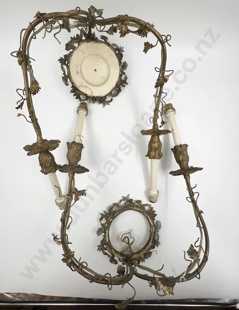Pair Early C20th Two Light Wall Sconces with china floral embellishments Image 1++