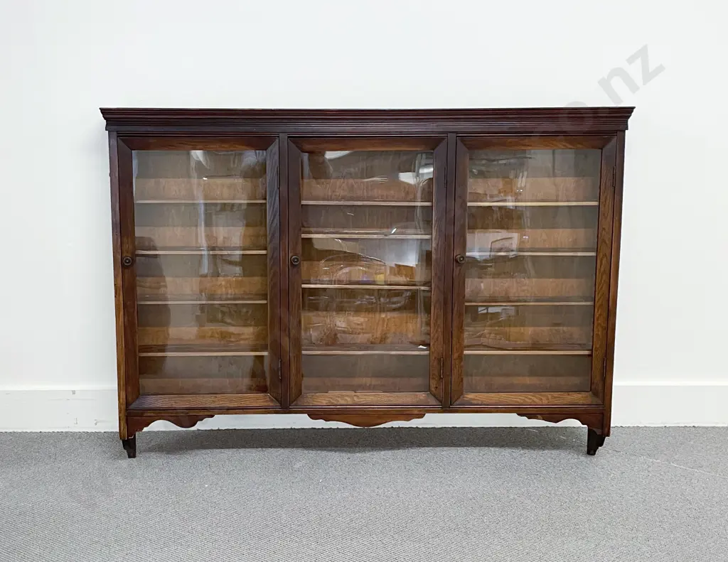Late Vict Stained Ash Three Glazed Door Collectors Cabinet Image 1++