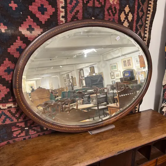 Edwardian Mahogany Sheraton Revival Oval Framed Wall Mirror