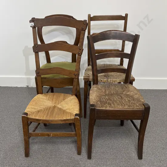 Four Various Late C19th French Country Elm & Ash Rush Seated Chairs