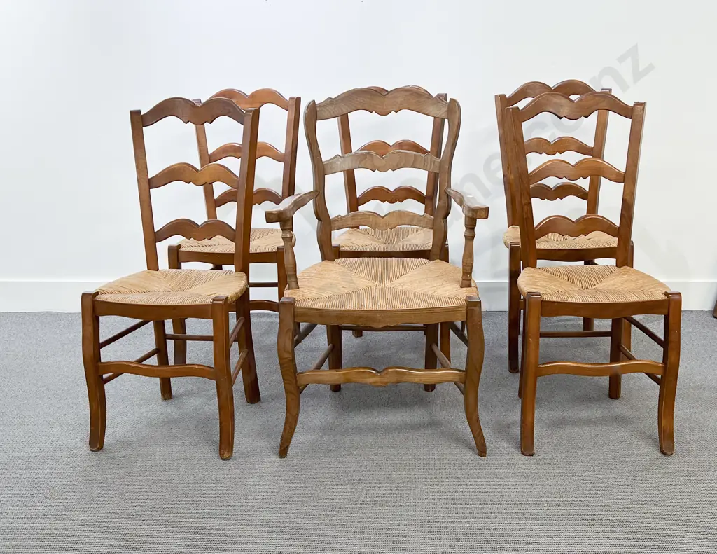 Set Six French Walnut Rush Seated Dining Chairs Image 1++