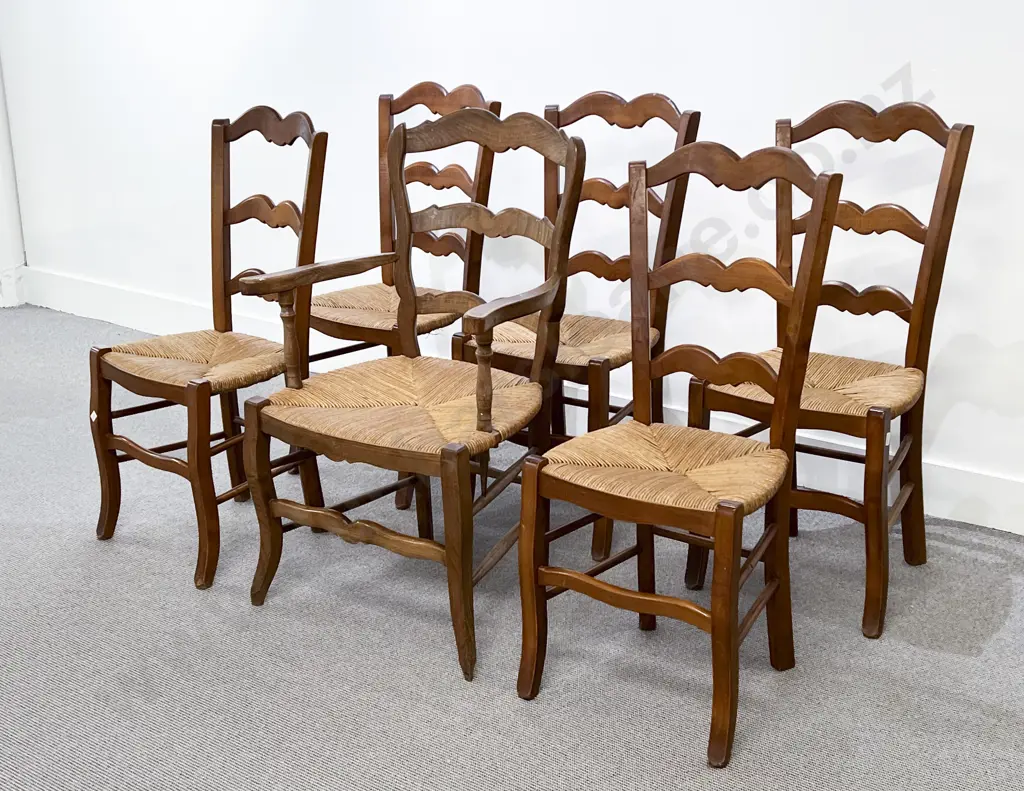 Set Six French Walnut Rush Seated Dining Chairs Image 1++