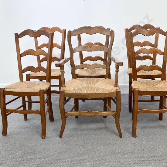 Set Six French Walnut Rush Seated Dining Chairs