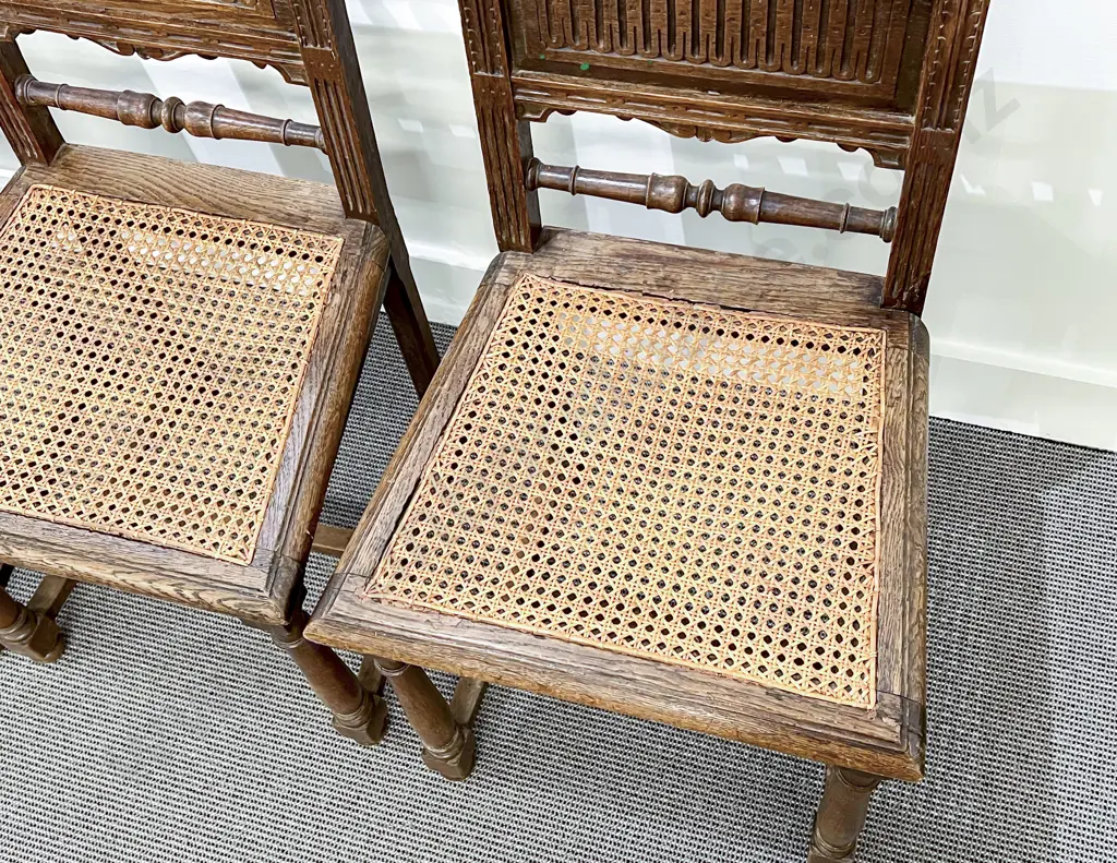 Set Four European Oak Turned Spindle and Panel Back Side Chairs Image 1++
