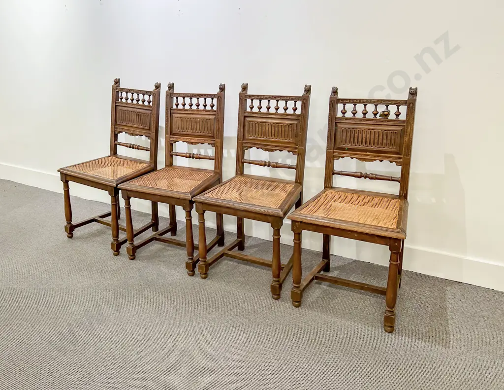 Set Four European Oak Turned Spindle and Panel Back Side Chairs Image 1++
