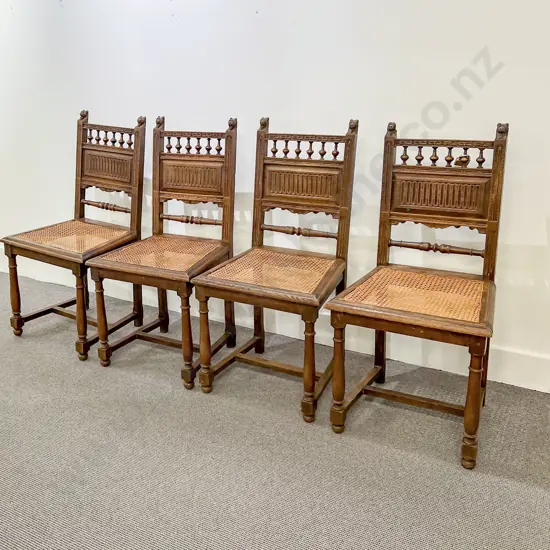 Set Four European Oak Turned Spindle and Panel Back Side Chairs
