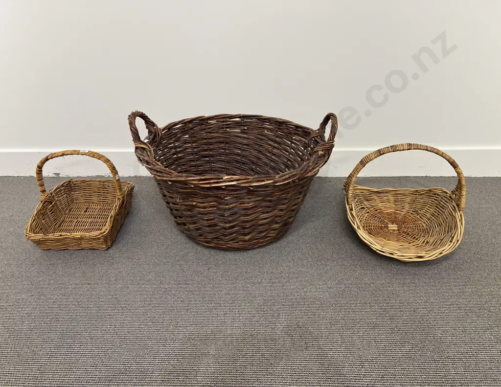Two Woven Cane Flower Baskets & Wicker Log Basket Image 1++