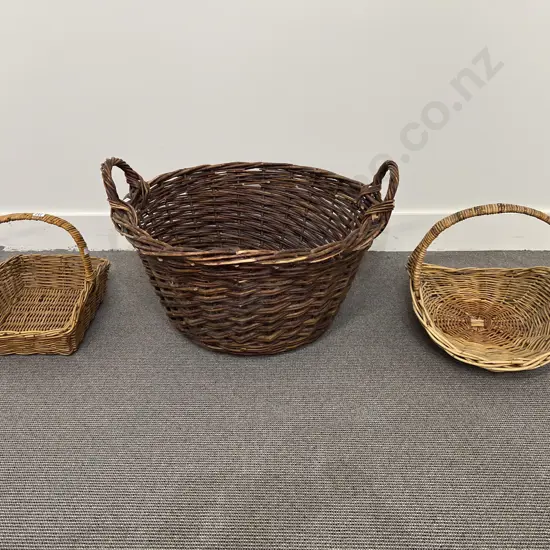 Two Woven Cane Flower Baskets & Wicker Log Basket