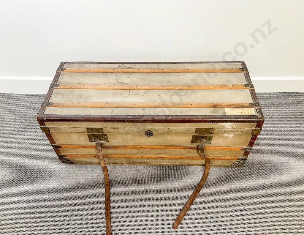 C19th Possibly French Canvas Pine Bound Trunk Image 1++