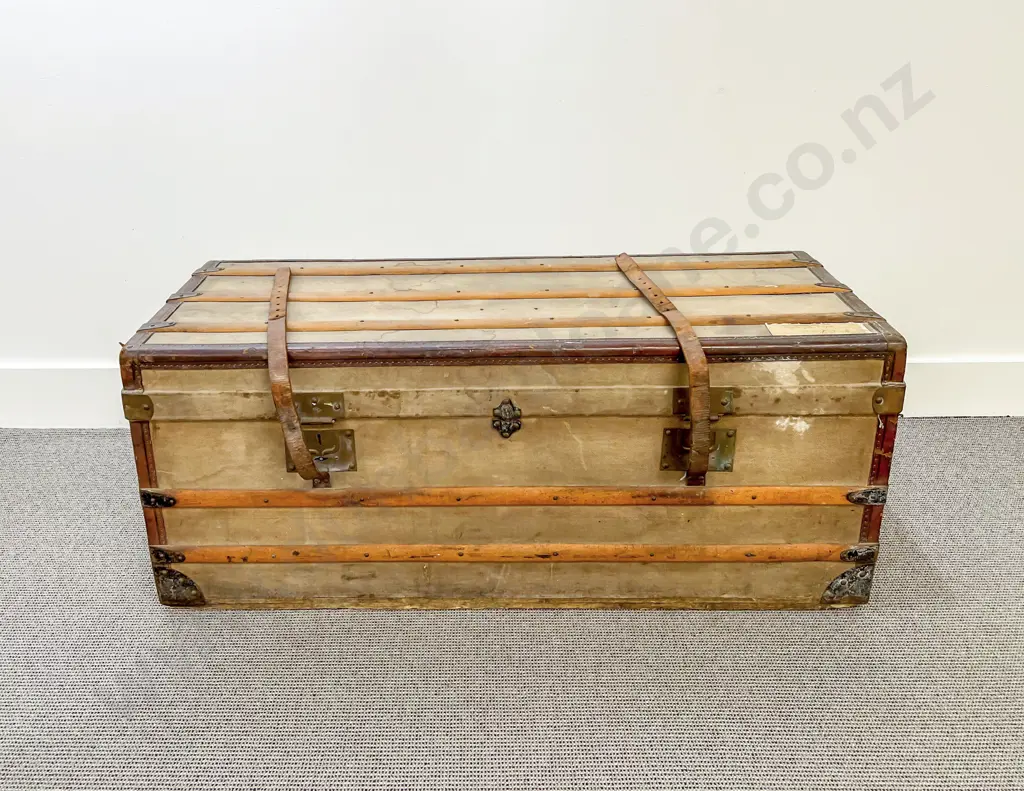 C19th Possibly French Canvas Pine Bound Trunk Image 1++