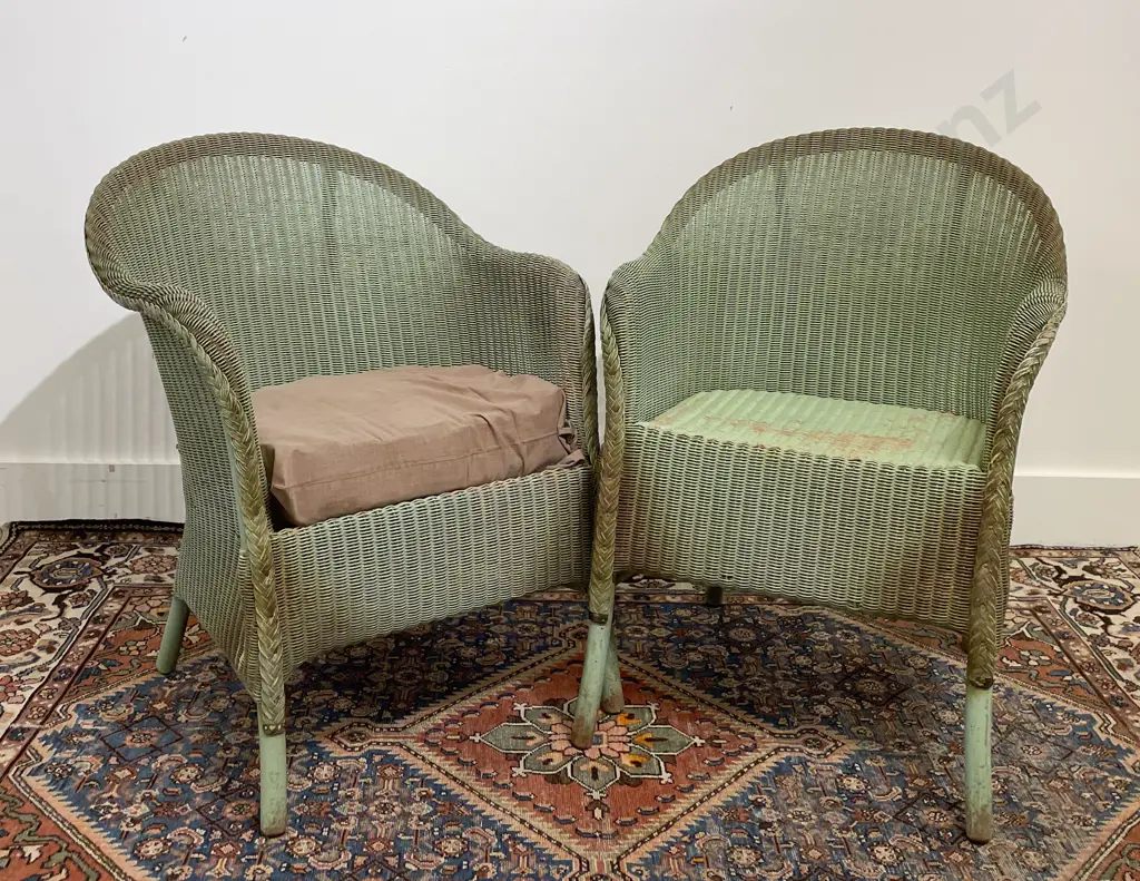 Pair Vintage Lloyd Loom Green Gold Highlighted Tub Chairs Image 1++