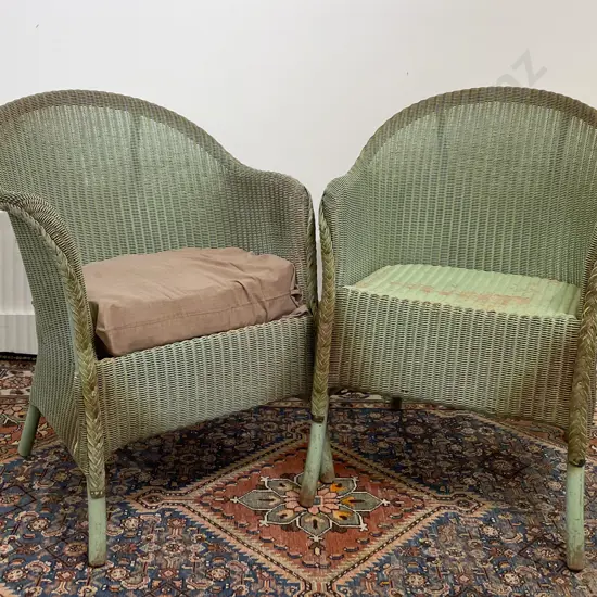 Pair Vintage Lloyd Loom Green Gold Highlighted Tub Chairs