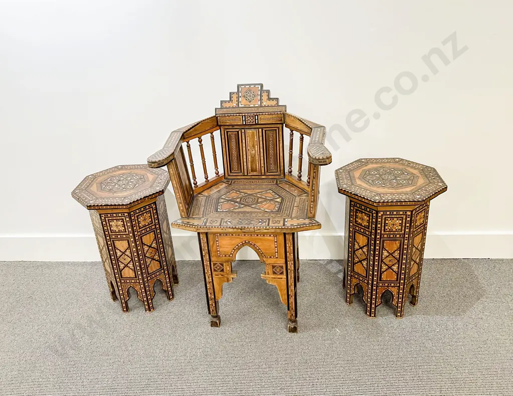 Antique Traditional Moroccan Elbow Chair & Two Side Tables Image 1++