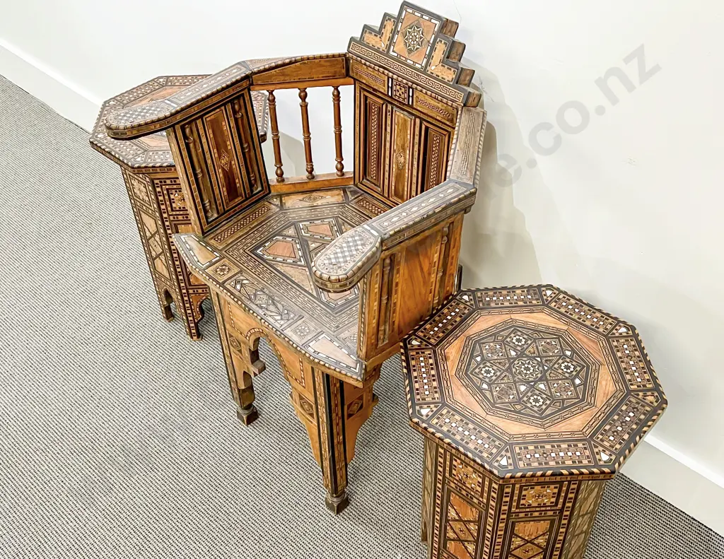 Antique Traditional Moroccan Elbow Chair & Two Side Tables Image 1++