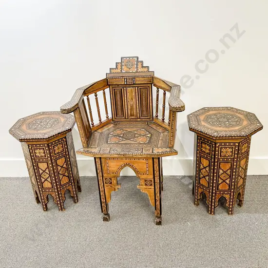Antique Traditional Moroccan Elbow Chair & Two Side Tables