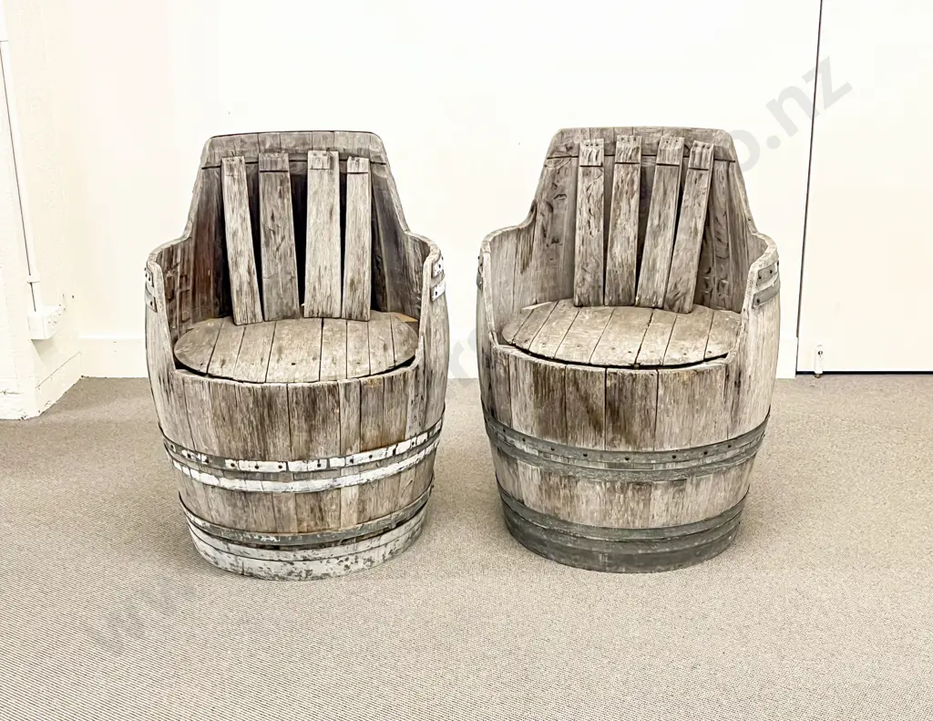 Pair Rustic French Wine Barrel Chairs Image 1++