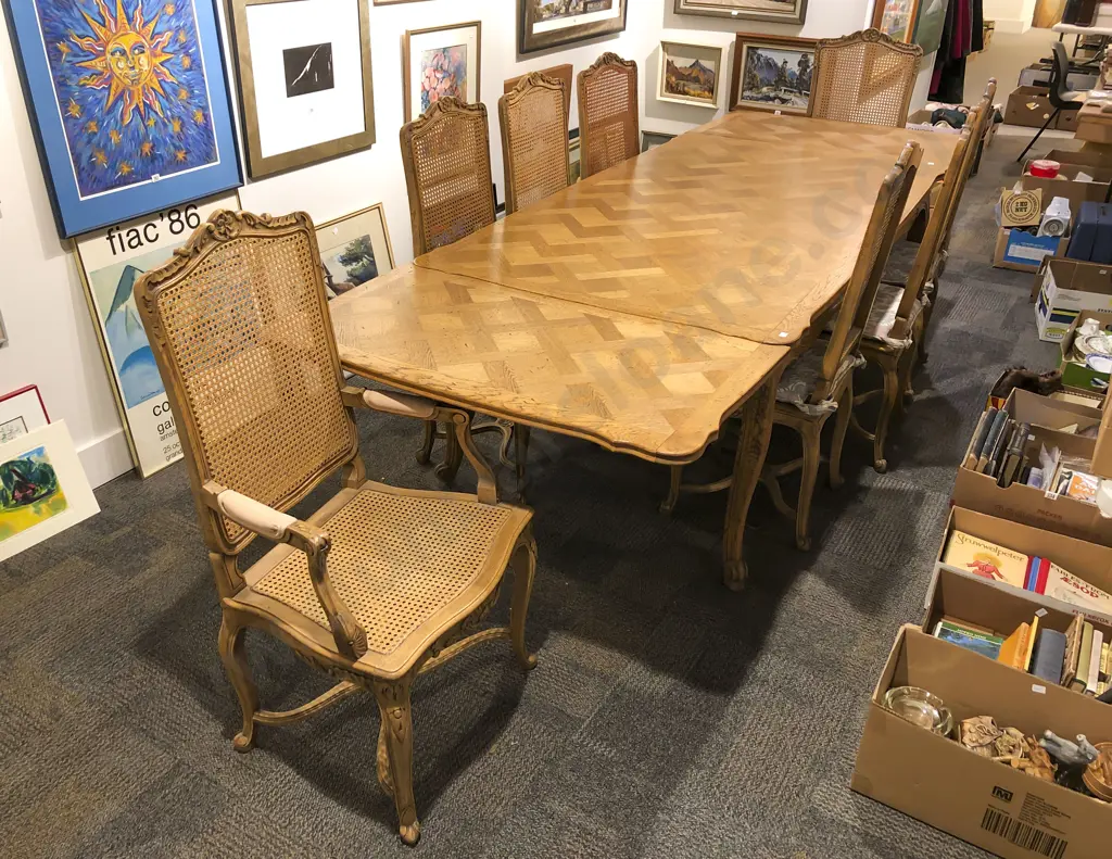 French Oak Parquetry Top Pull-Out Extension Dining Table & Eight Caned Chairs Image 1++