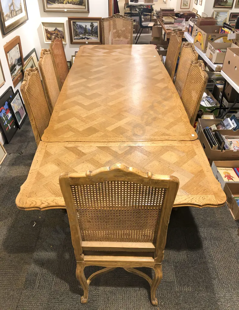 French Oak Parquetry Top Pull-Out Extension Dining Table & Eight Caned Chairs Image 1++