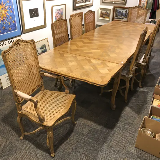 French Oak Parquetry Top Pull-Out Extension Dining Table & Eight Caned Chairs