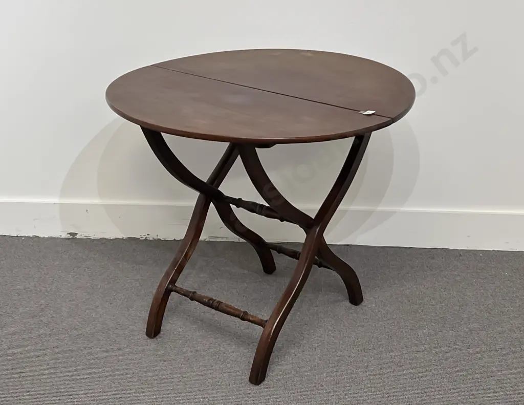 19th Century Mahogany Circular Folding Campaign Table Image 1++
