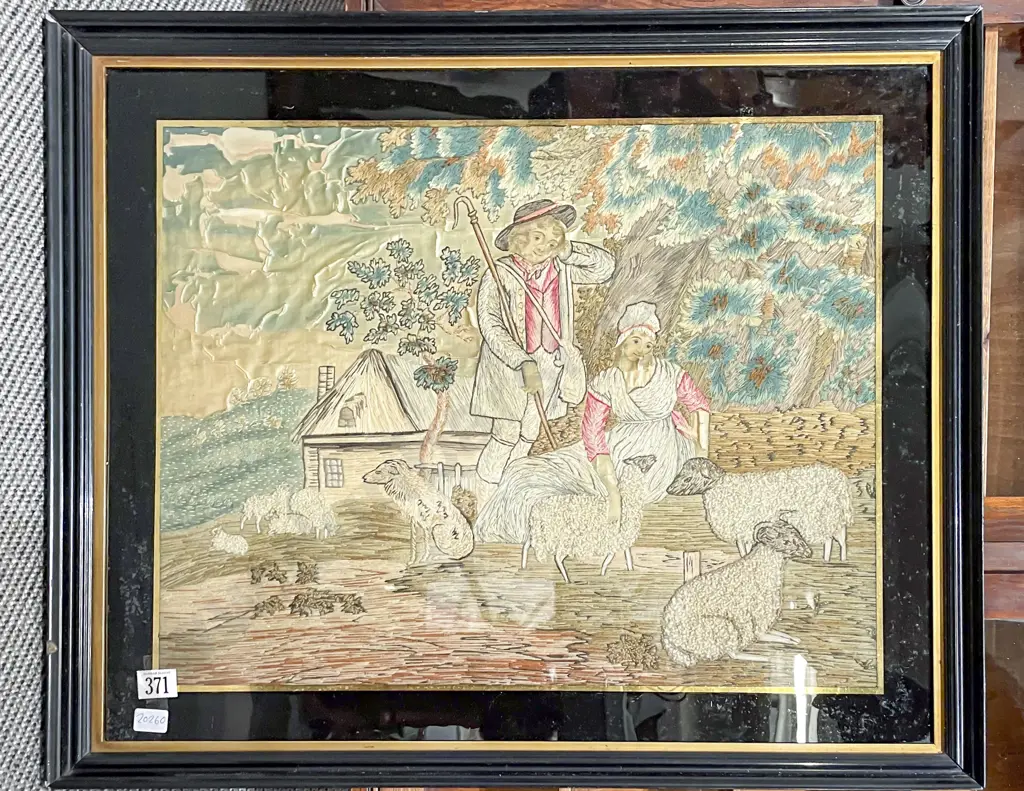 Circa 1800 Wool & Stumpwork Embroidery on Silk Image 1++