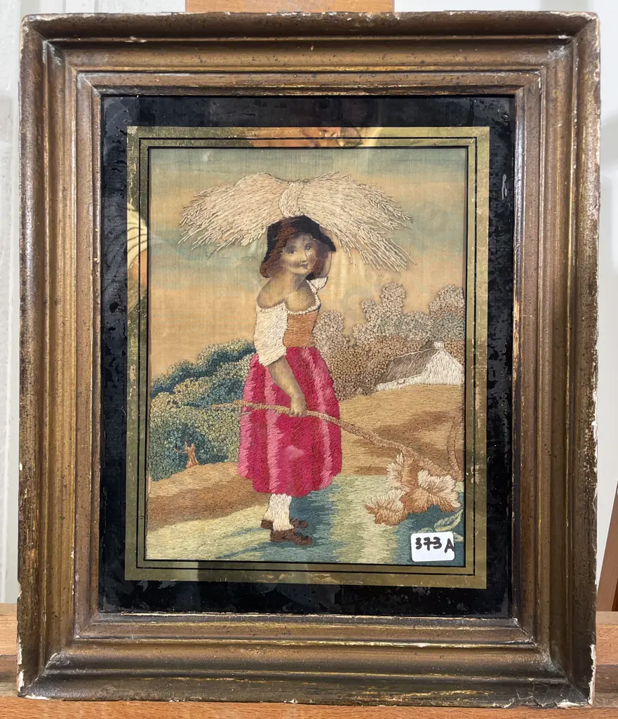 Georgian Framed Silk Embroidery of Young Girl Image 1++