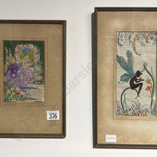 Two Dated 1934 and 1938 Silk Embroidered Panels