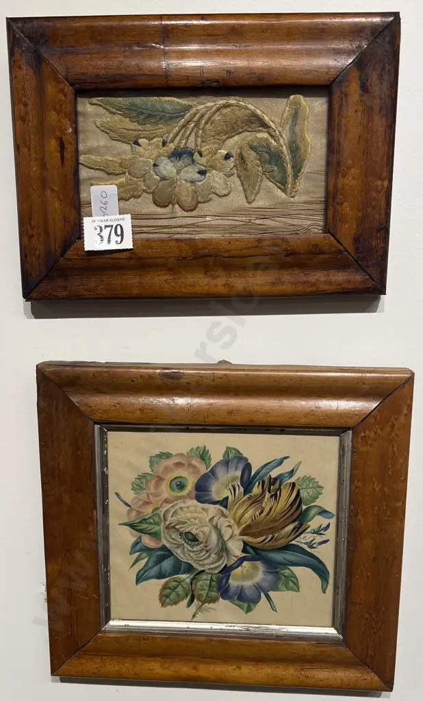 Vict Maple Framed Silk Tapestry & Botanical Print (2) Image 1++