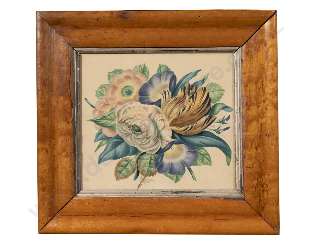 Vict Maple Framed Silk Tapestry & Botanical Print (2) Image 1++