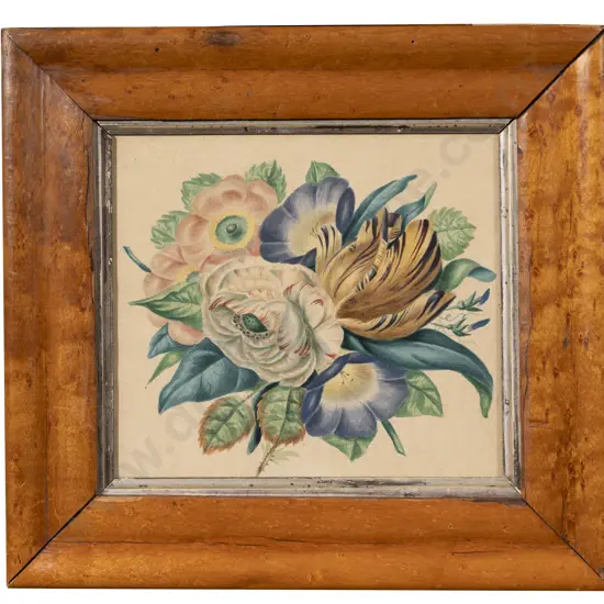 Vict Maple Framed Silk Tapestry & Botanical Print (2)