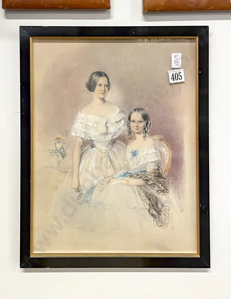 Early Vict Watercolour Study of Two Young Girls Image 1++